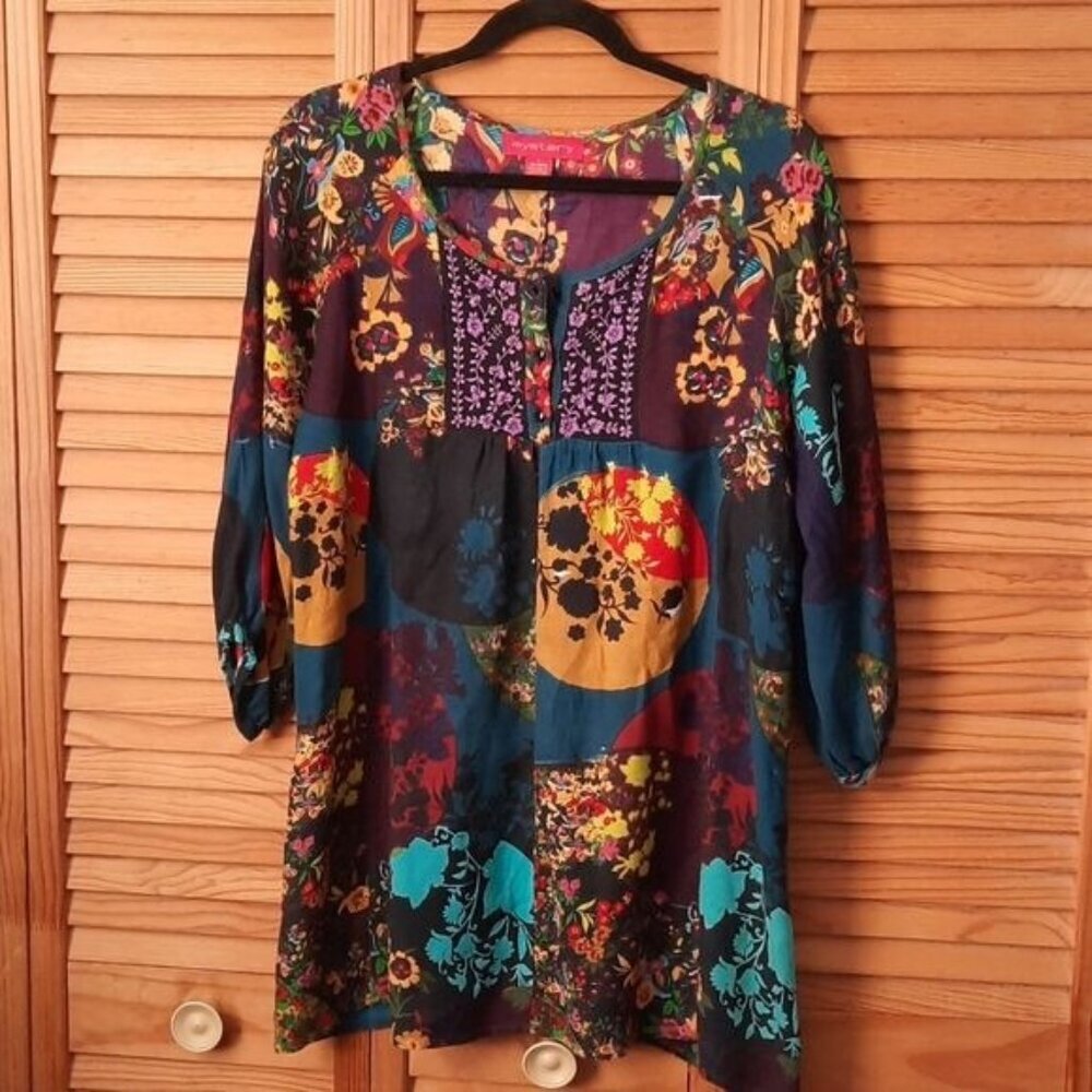 Mystery 3/4 Sleeve 3 Button Embroidered Floral Print Tunic Mini Dress Size Small